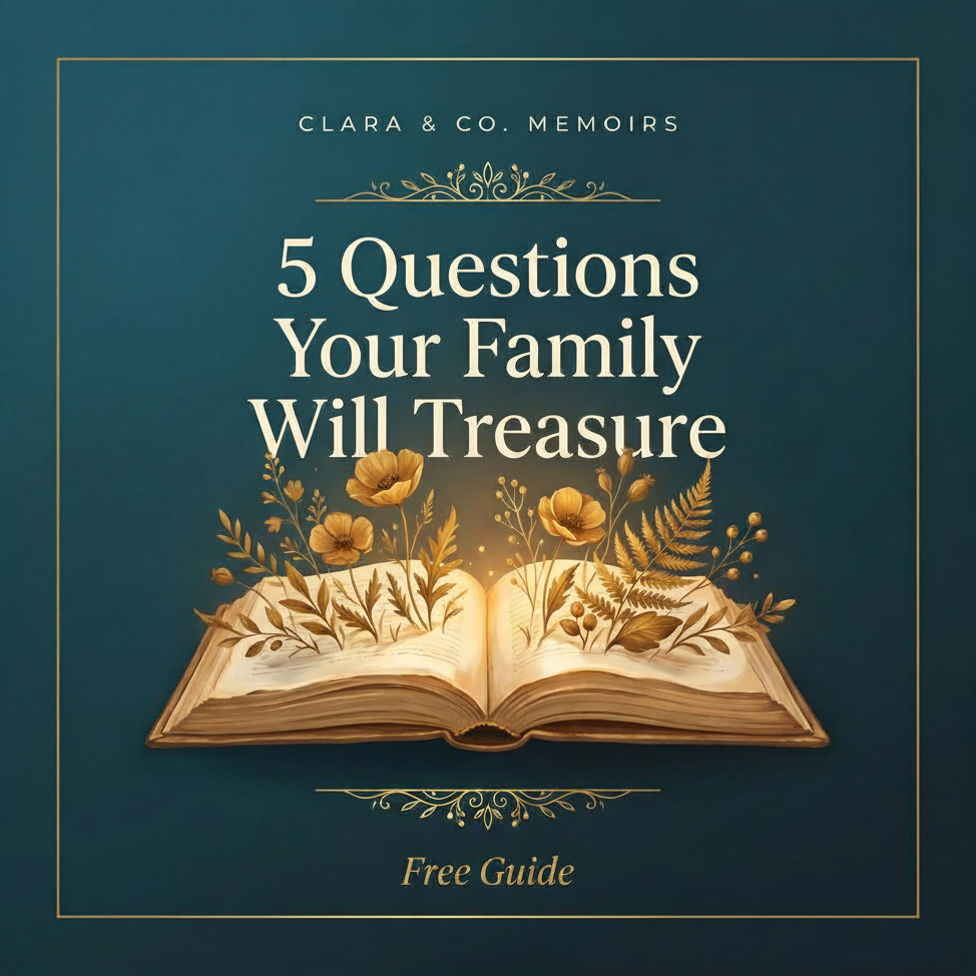 5 Questions Your Family Will Treasure, the free Clara & Co. Memoirs guide cover